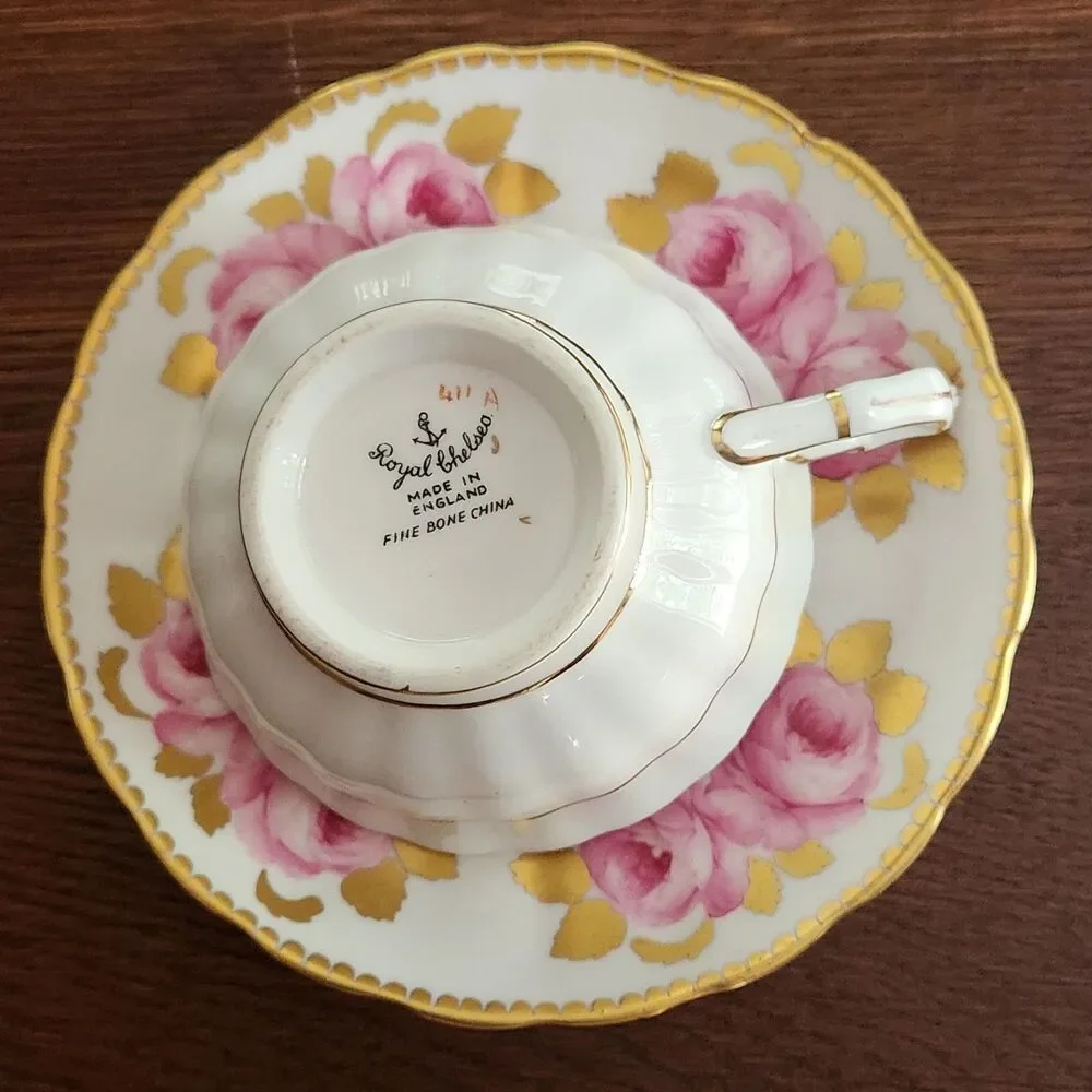 Vintage Royal Chelsea England fine bone China heavy gold cabbage Rose cup saucer